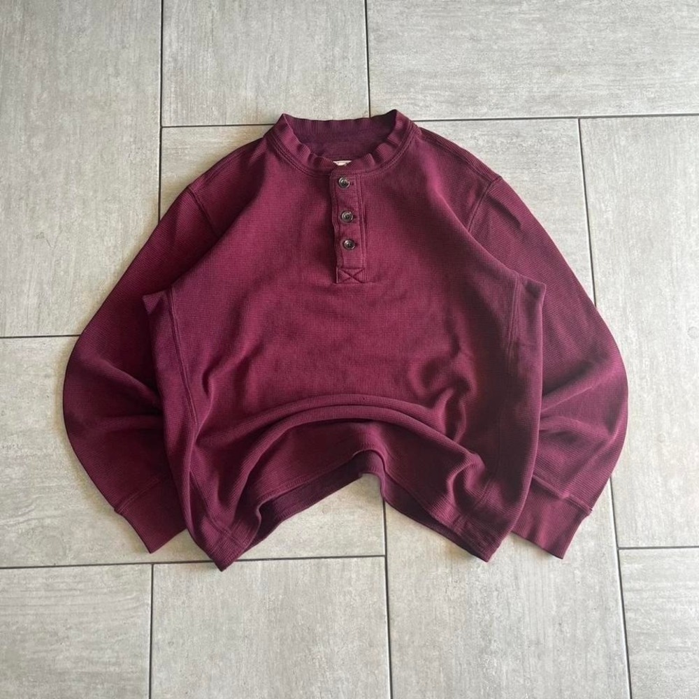 Eddie Bauer Sport Shop Mens Waffle Knit Henley Shirt Burgundy Maroon LS0119